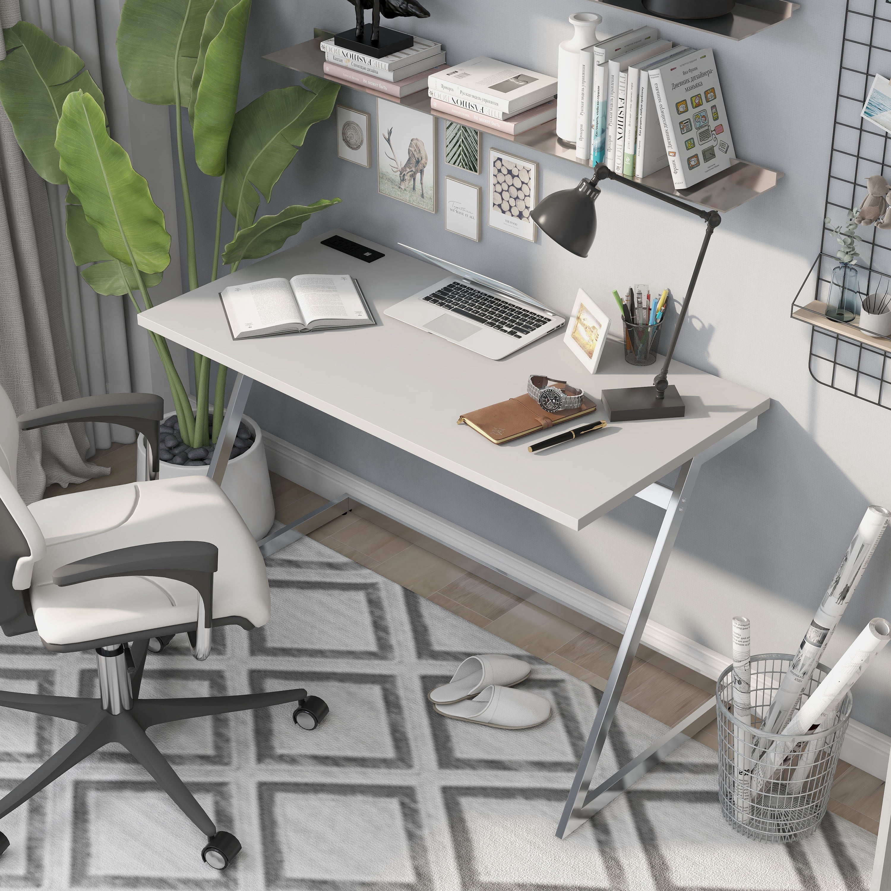 Furniture of America Harper Metal 47-in Writing Desk with USB, White