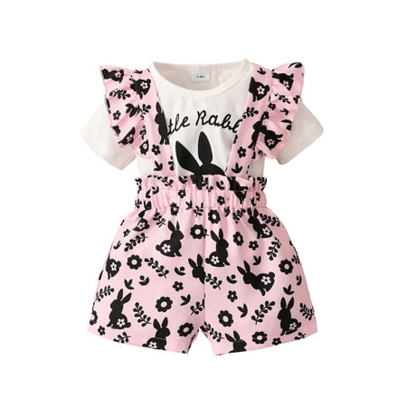 

Infant Baby Girls Suit Short Sleeve Letter Printed Tops+Rabbit Flower Printed Suspender Short Pants