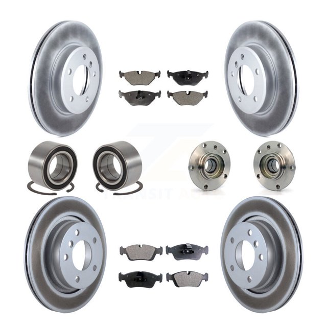 Transit Auto Front Rear Hub Bearing Assembly Coated Disc Brake Rotor and Semi-Metallic Pads Shoe Kit (10Pc) for Car BMW 325i 325Ci 328i 323Ci 323i 328Ci - Left Right Side (Driver Passenger) KBB-111818