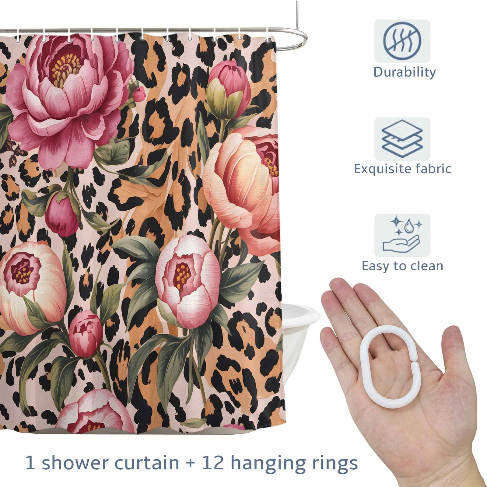 Pink Flowers Shower Curtain for Bathroom, Retro Leopard Stripes Animals Floral Plant Waterproof Cloth Fabric Bathroom Accessories Set with 12 Rust Proof Plastic Hooks, 72"x84"