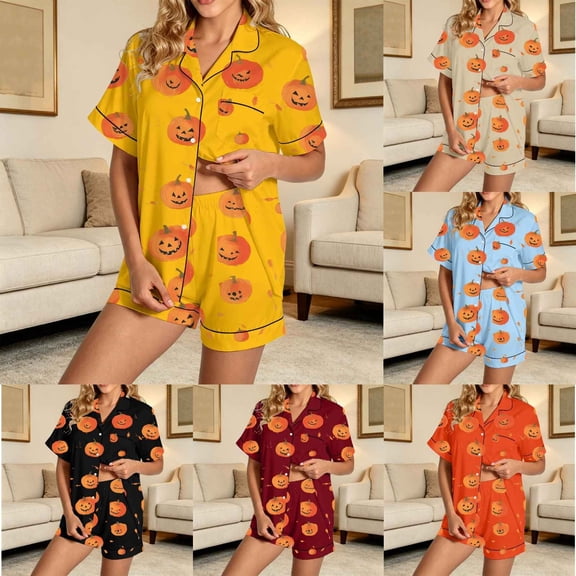 Halloween Pajamas Women Casual Short Sleeve Shirt Shorts Summer Fall Relaxed 2 Piece Pajama Sets for Women 2 Piece Beige L