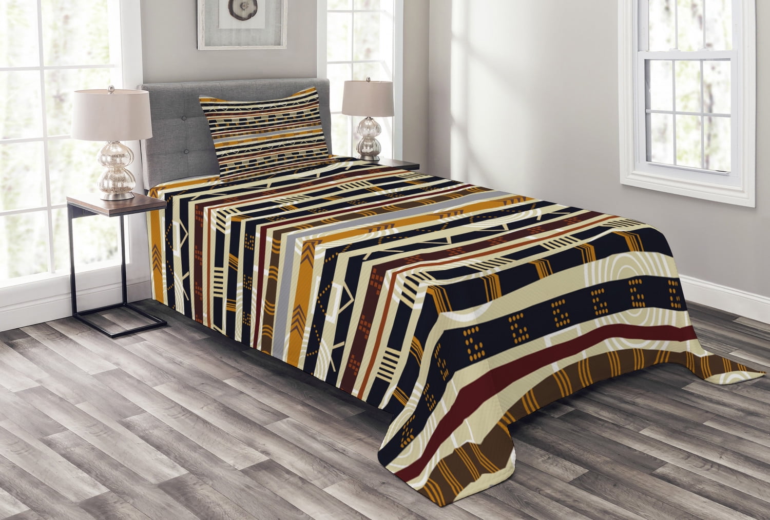 Tribal Bedspread Set, Ethnic African with Trippy Geometric Forms