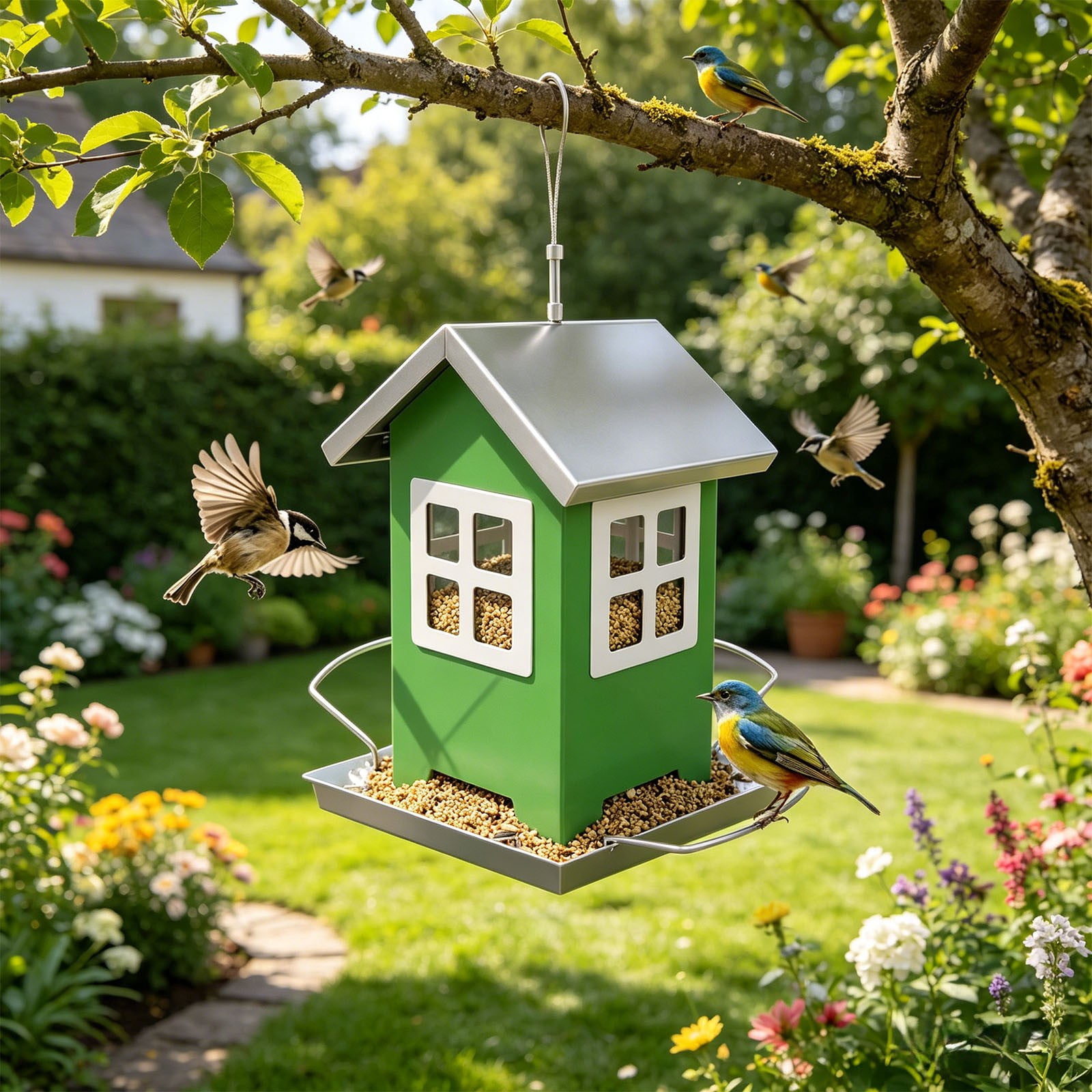 Bird Feeder for Outdoor Bird Food Holder,Bird Cage, Birdfeeder Weatherproof Garden Decoration for Farmhouse Porch Patio, Green
