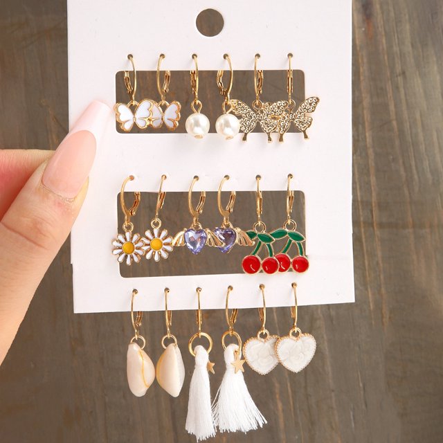Dincior Elegante Cristal Oro Mujer Amor Perla Cerradura SnakeButterfly Seta Pendientes Conjunto Para Joyería 12 Pares/Set