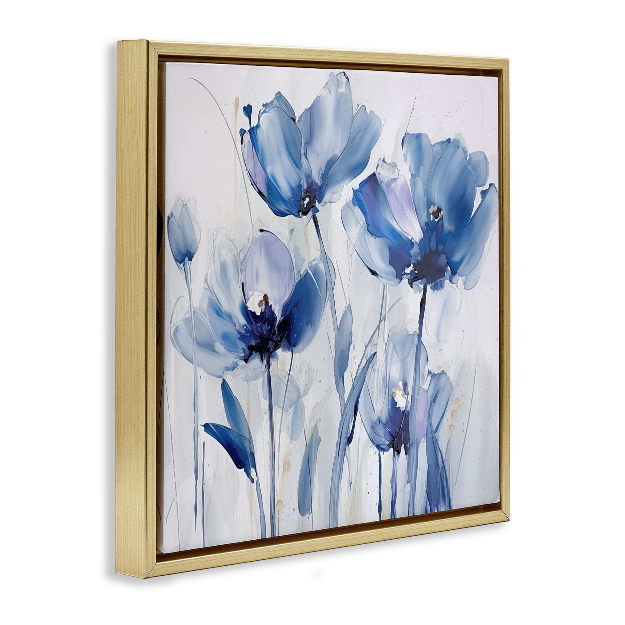 Stupell Industries Blue Abstract Blooms Botanical & Floral Painting Gold Floater Framed Art Print Wall Art, 25 x 25