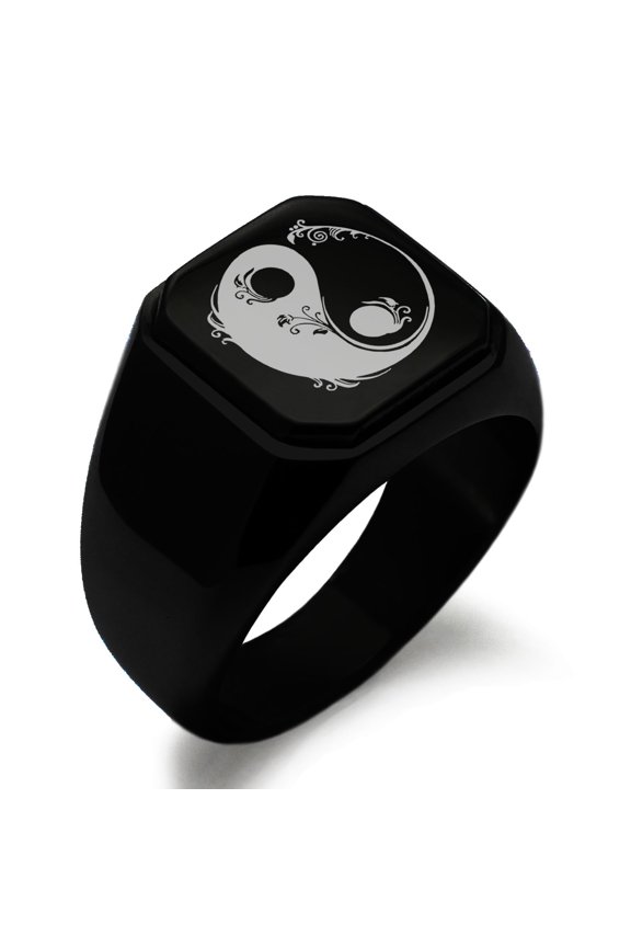 Stainless Steel Floral Yin Yang Engraved Square Flat Top Biker Style Polished Signet Ring