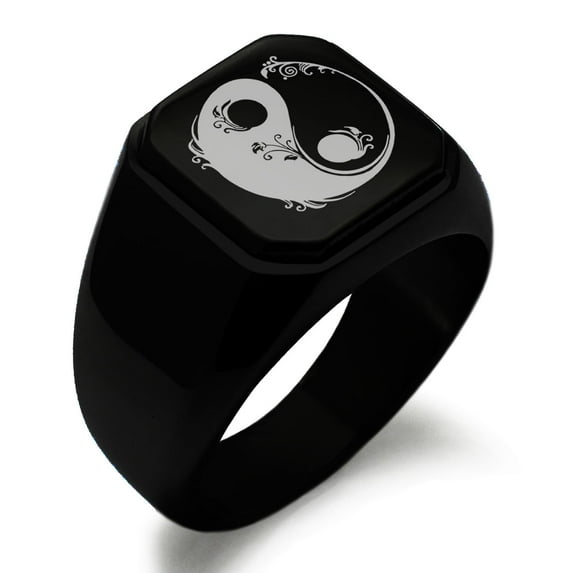 Stainless Steel Floral Yin Yang Engraved Square Flat Top Biker Style Polished Signet Ring