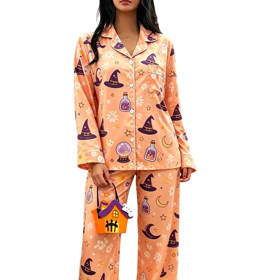 MEZZALL Women Halloween Autumn Button Front Long Sleeve Lapel Top With Chest Pocket Elastic Waist Full Length Pants Pajama Set Casual Home Wear Pajamas Breathable 2 Piece Pjs
