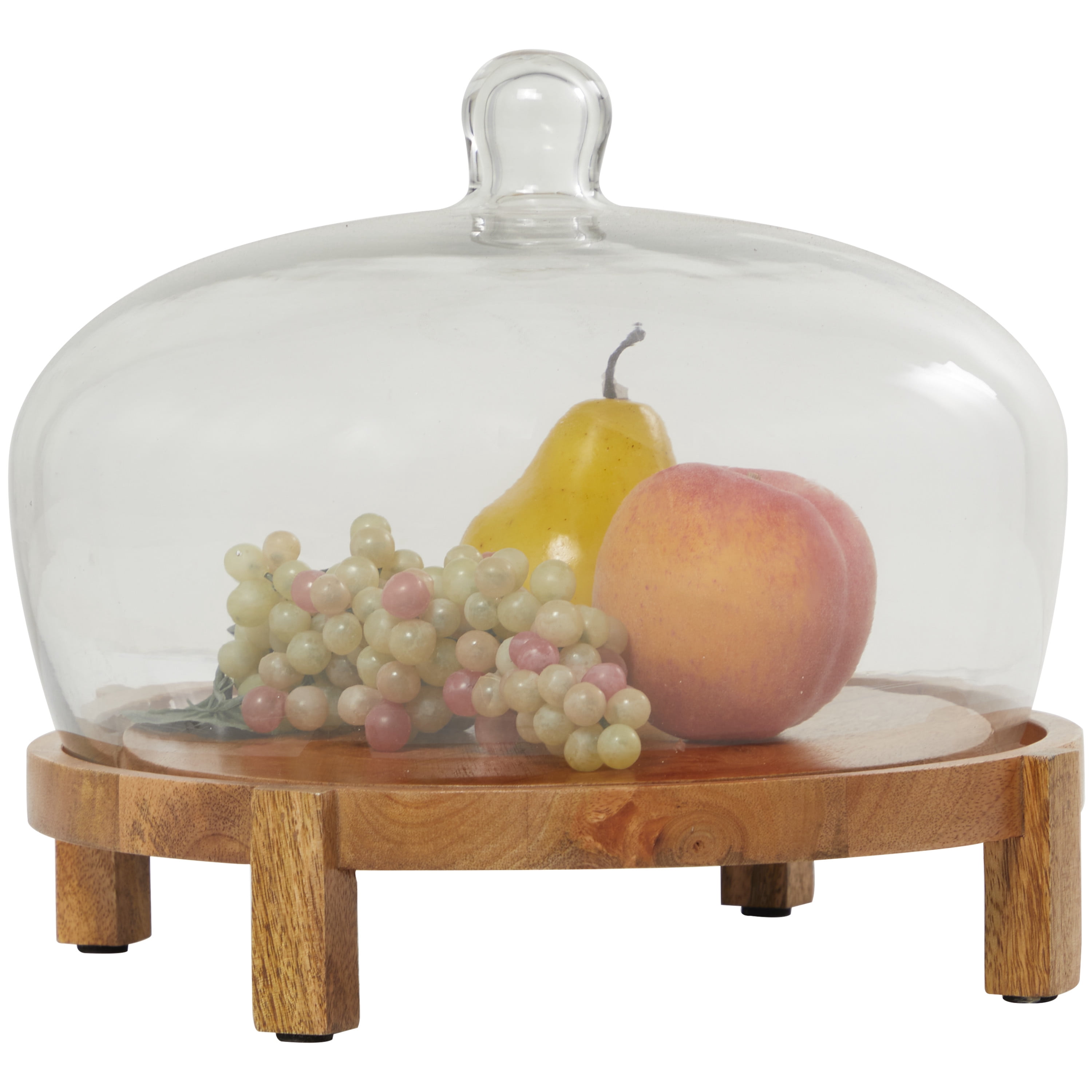 DecMode 12" x 10" Brown Mango Wood Elevated Decorative Stand with Glass Dome Cover, 1-Piece