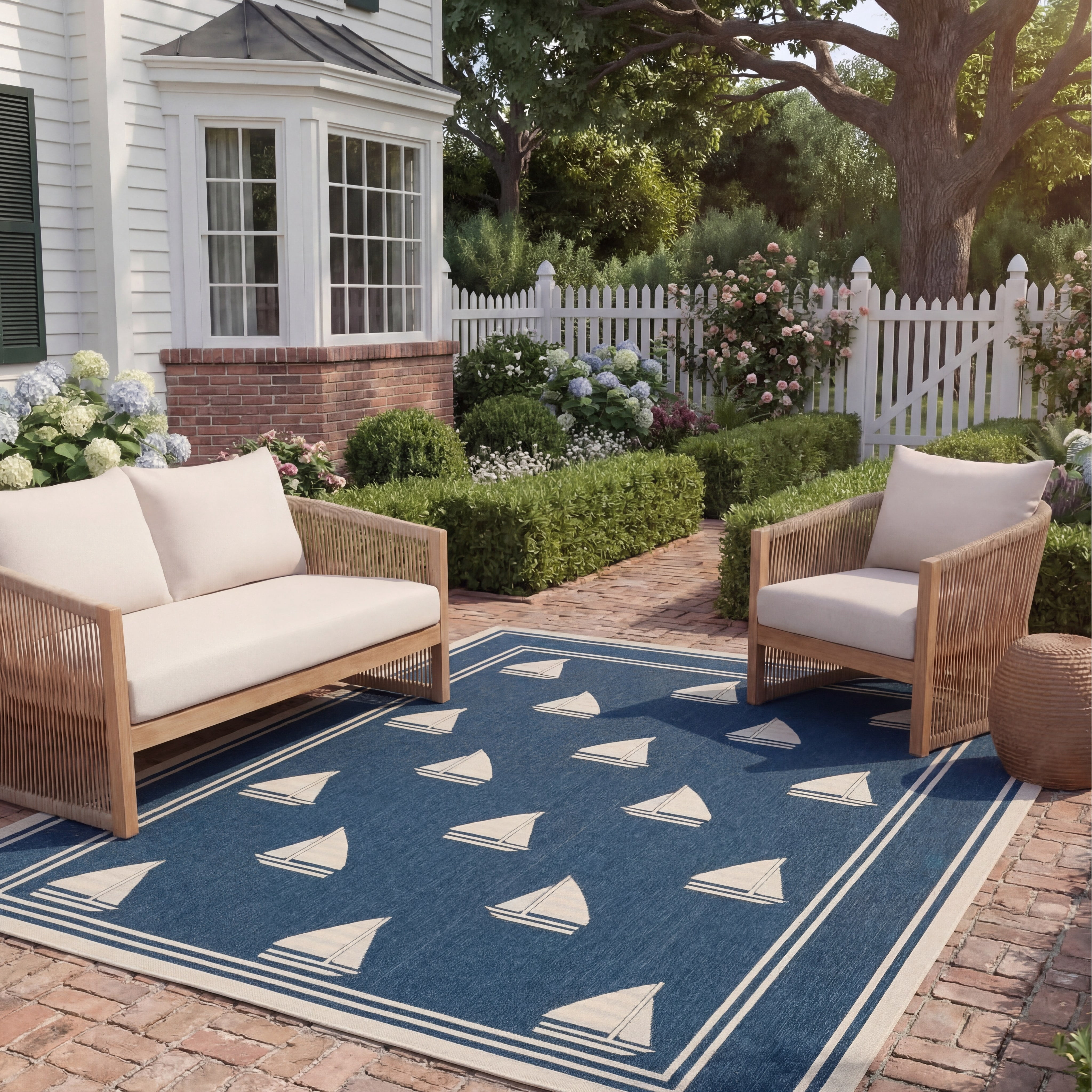 Safavieh Courtyard Ainsley Sailboat Indoor/Outdoor Area Rug, Navy/Beige, 6'7" x 6'7" Square