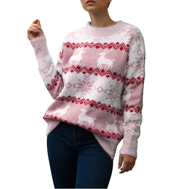 Pull de Noël pour Dames, Blouse Mi-Longue Ample, Cardigan Tricoté à Col Rond, Pull de Mode, Imprimé Graphique, Manches Longues, Chaud