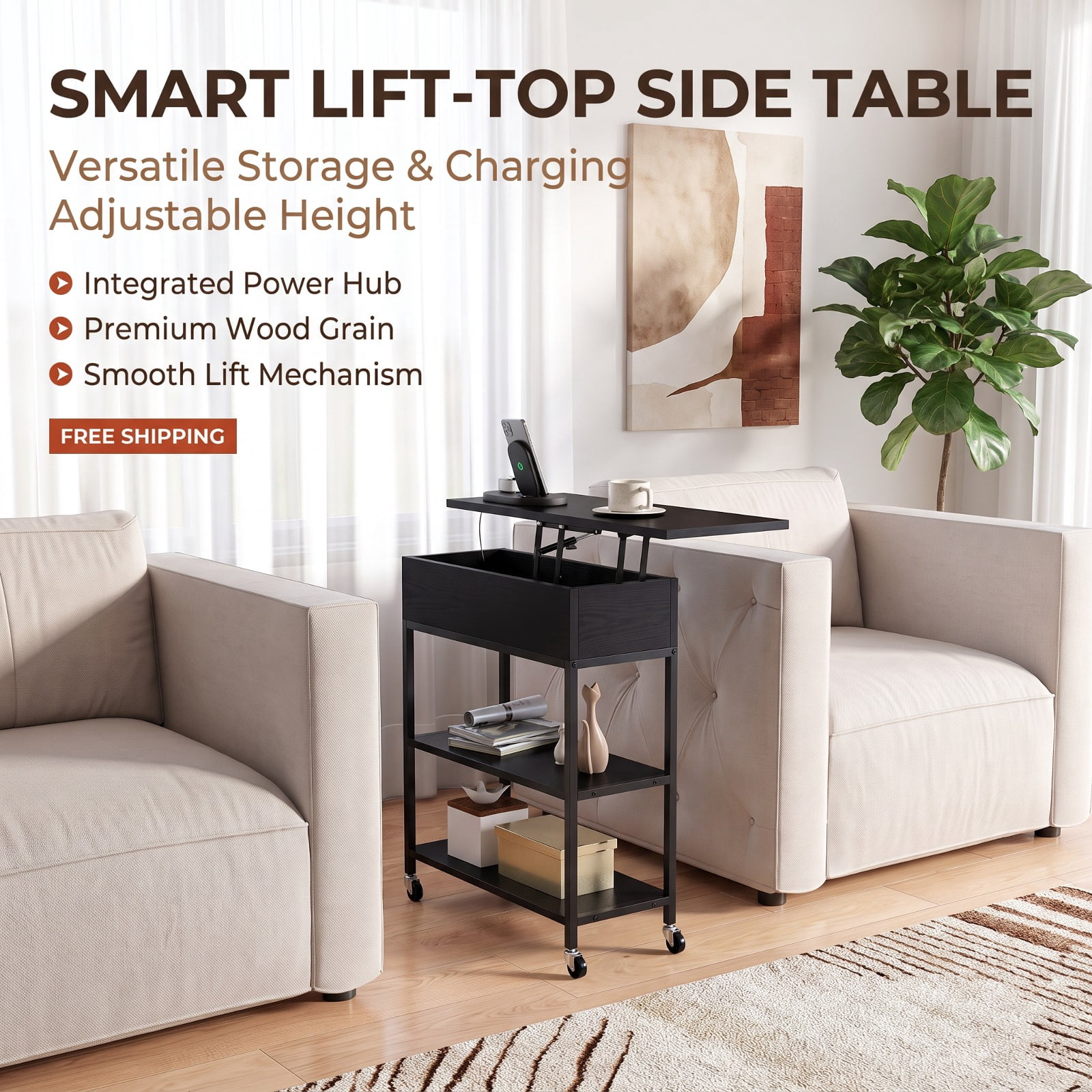 Furnibear Lift Top End Table with Charging Station Hidden Compartment and Universal Wheels for Living Room Sofa Side Narrow Spaces, Black