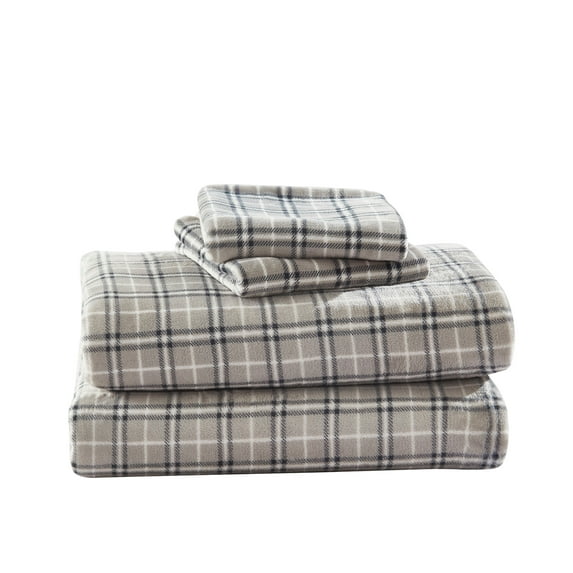 Warm and Cozy Super Plush Flannel Fleece Sheet Set, Grey Plaid, Queen