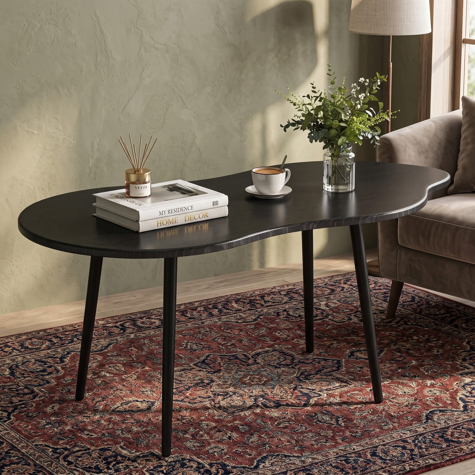 Furnibear Cloud Shape Coffee Table, 39.5 Inch Irregular Free Form Center Table with Durable Metal Frame, Wide Wood Tabletop Modern Accent Side Table for Living, Black
