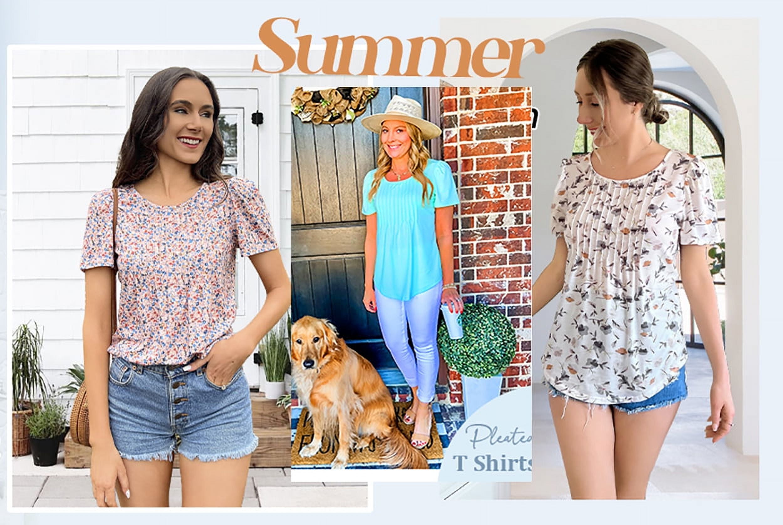Blouses for Women Pleated Short Sleeve Tunic Tops Dressy Casual Summer Shirts