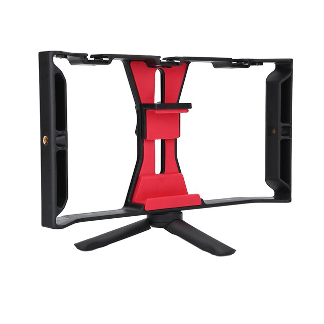 Stabilisateur Vidéo pour Téléphone Réglable à Double Poignée Support de Stabilisateur à Main avec Trépied Noir Rouge