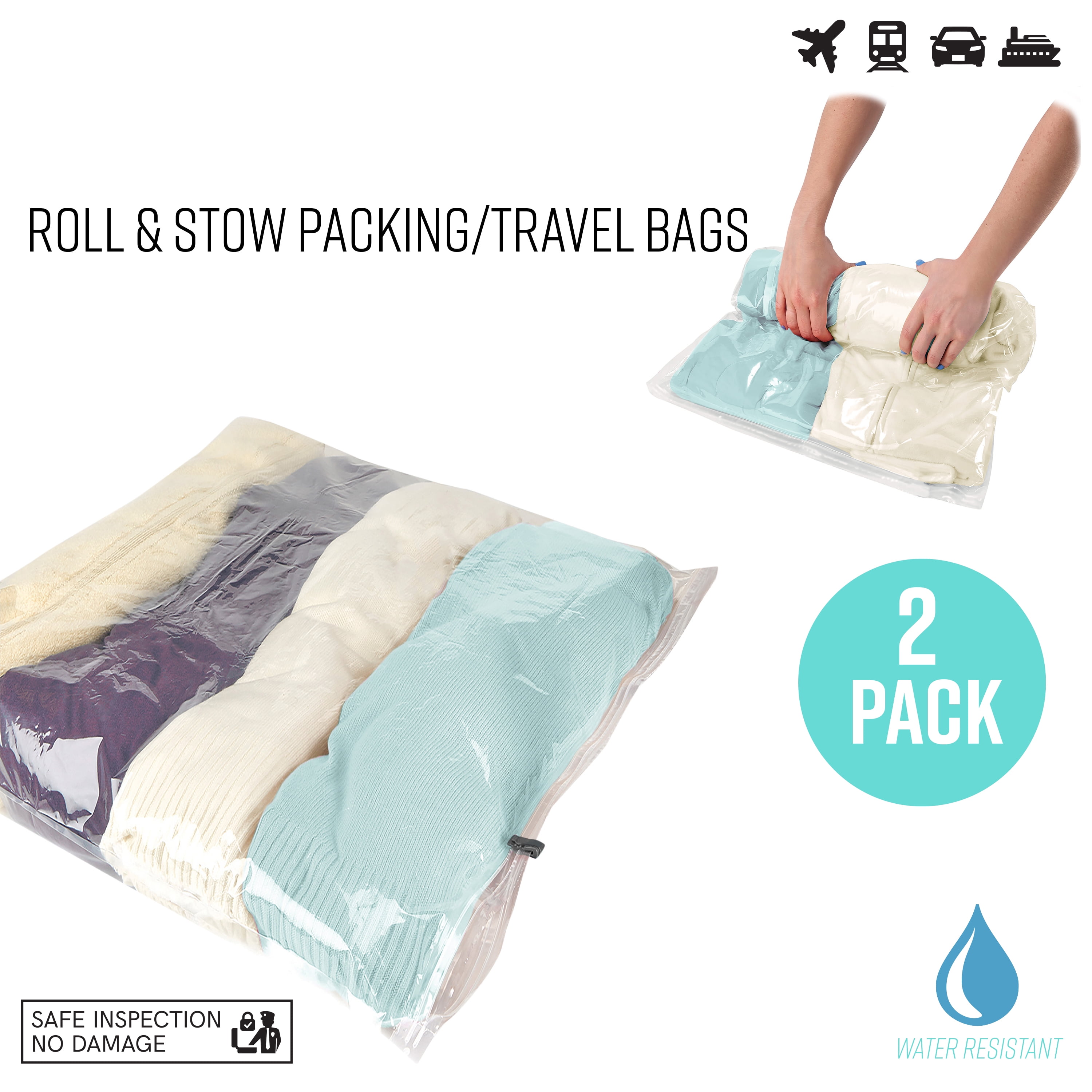 G Force 2 Pack Roll N Stow Plastic Airtight Travel Packing Bags, Clear 