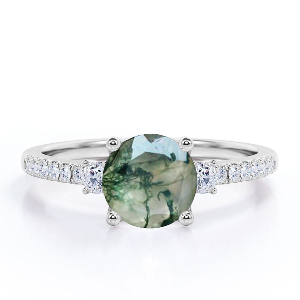 JeenMata 1.5 Carat Pave 4 Prong Round Shape Natural Transparent Dendritic Moss Green Agate And Moissanite 3-Stone Engagement Ring In 18K White Gold Plating Over Silver