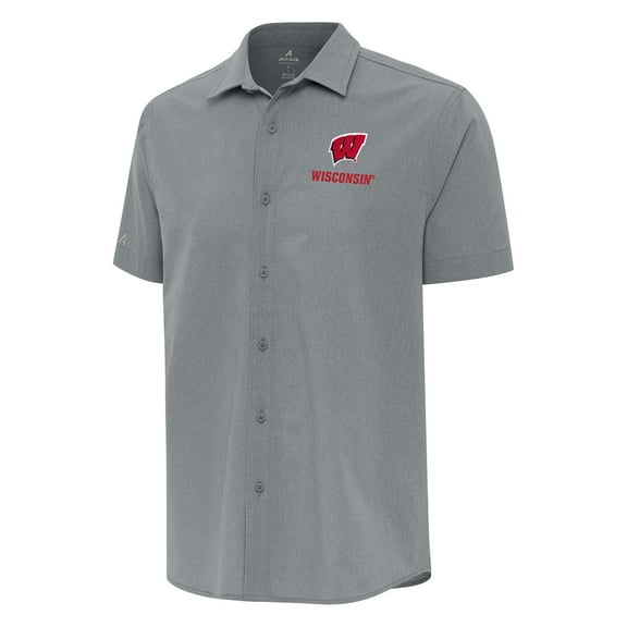 Men's Antigua  Gray Wisconsin Badgers Activate Woven Short Sleeve Button-Down Shirt