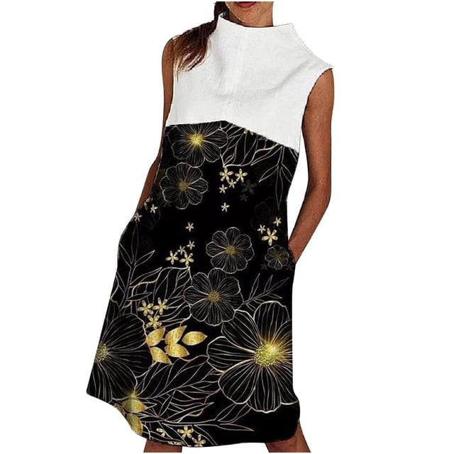 Vestido casual sin mangas para mujer Cuello alto Bolsillo Cremallera Empalme Estampado Pompotops ghjkhdj1250
