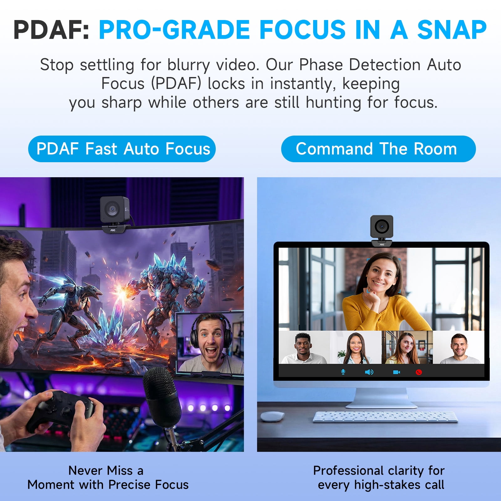 AOC 4K UHD Webcam for PC, Laptop, Mac, USB Streaming Camera with PDAF Autofocus,Auto Light Correction, 75° FOV, Privacy Cover for Video Conferencing, Zoom, Teams