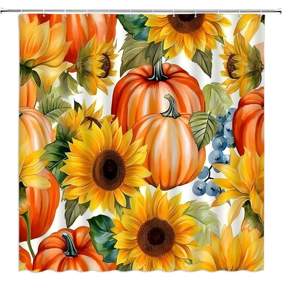 Fall Thanksgiving Shower Curtain Watercolor Pumpkin Sunflower Leaves Floral Autumn Harvest Festival Farmhouse Rustic Orange Yellow Bathroom Decor Curtain with Hooks,70" Wx70 H