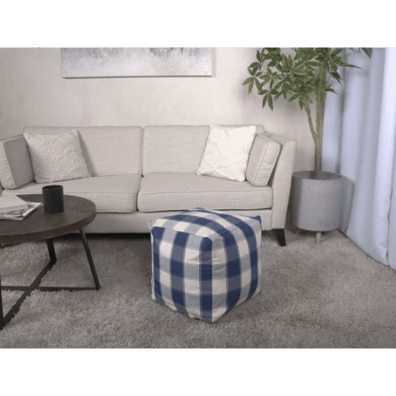 Connor Checkered Square Pouf Modern Design, Versatile Seating, Stylish Decor | Ivory & Navy Blue for Home Use & Office Spaces