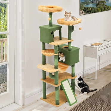 Uforic 76" Large Cactus Cat Tree Tower, Multi-Level Cat Tree House with Sisal Scratching Posts &Cat Condo & Hammock, Green&Yellow
