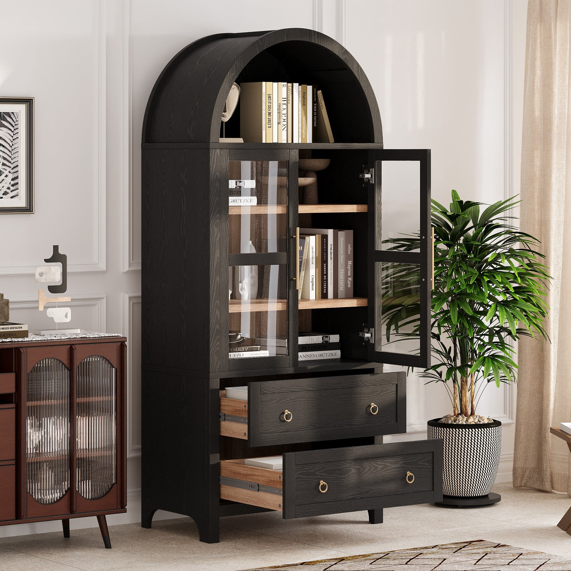 DEALTOPS Freestanding 71" Kitchen Pantry Cabinet with Arched Top, Adjustable Shelves and 2 Large Drawers, Black