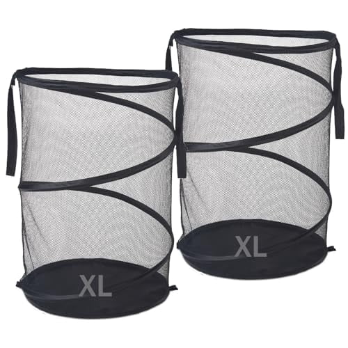 2Pcs Mesh Popup Laundry Hamper 115L Extra Large Collapsible Laundry Basket Foldable Clothing Storage Basket with Handles No Lid 26 H x 18 W x 18 L (Black)