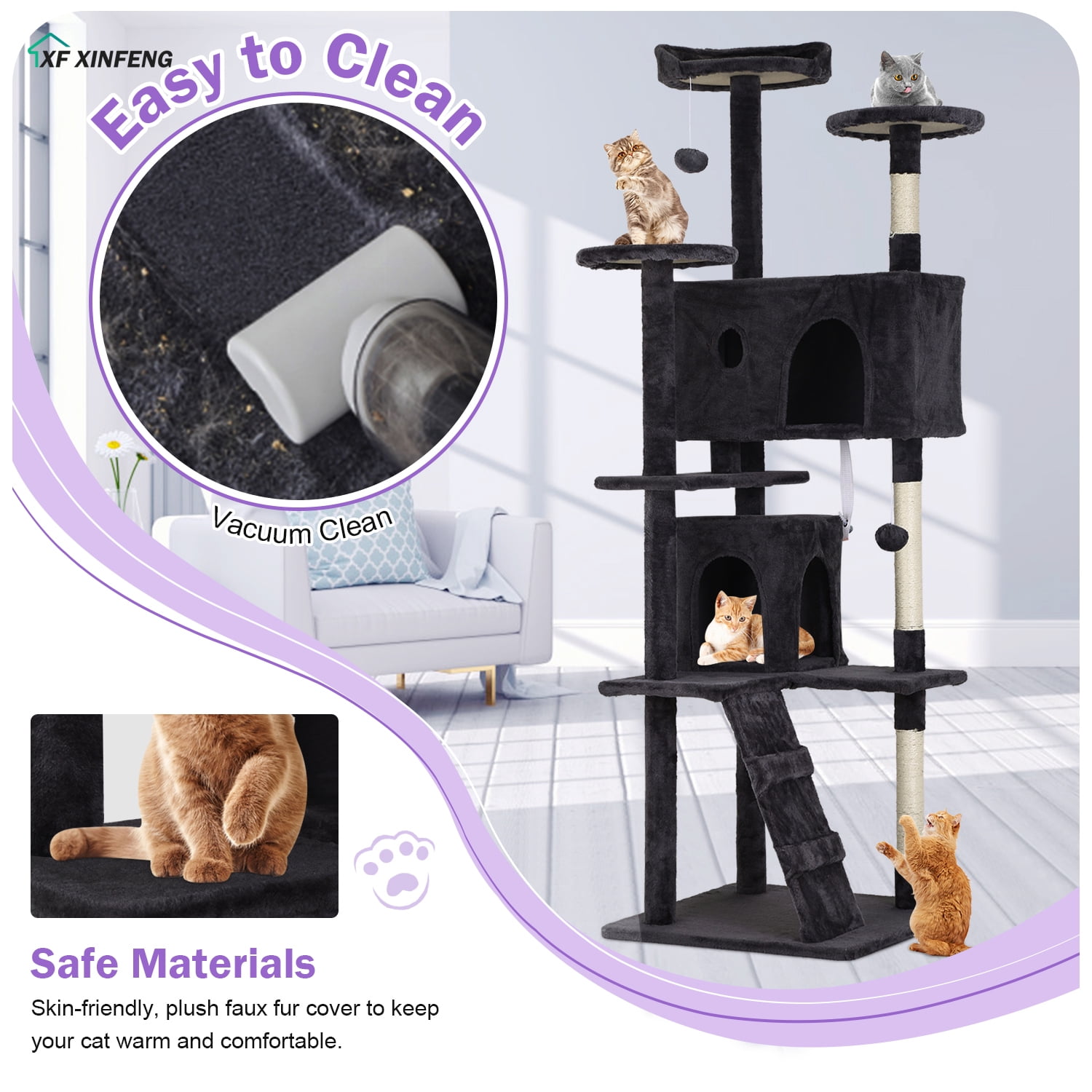 XF XINFENG 70" Cat Tree Tower Playhouse for Indoor Cats with Scratching Posts, Multi-Level Pet Cozy Condo Furniture, Dark Gray