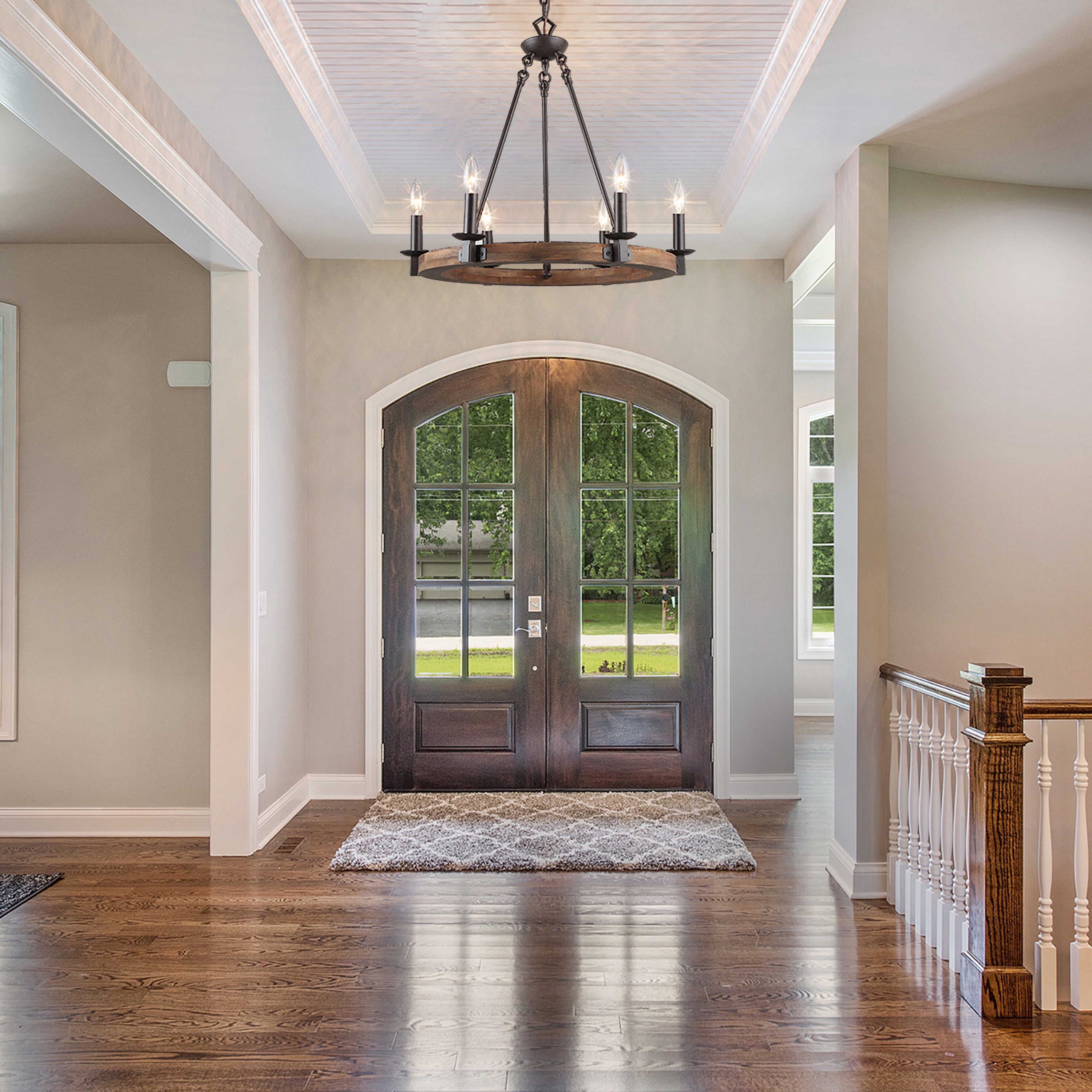LNC 6-Light Wagon Wheel Chandelier with Wood Frame and Bronze Accents
