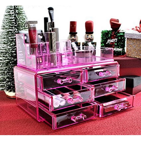 Smiling JuJu Acrylic Makeup Organizer, 8 Compartments, Pink