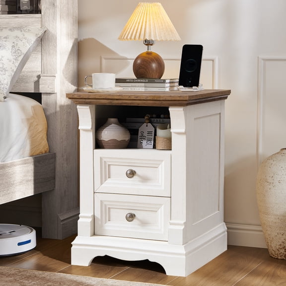 KeyWhat Farmhouse 2-Drawer Nightstand with Charging Station, 18" Wooden End Table for Bedroom, Living Room, Antique White