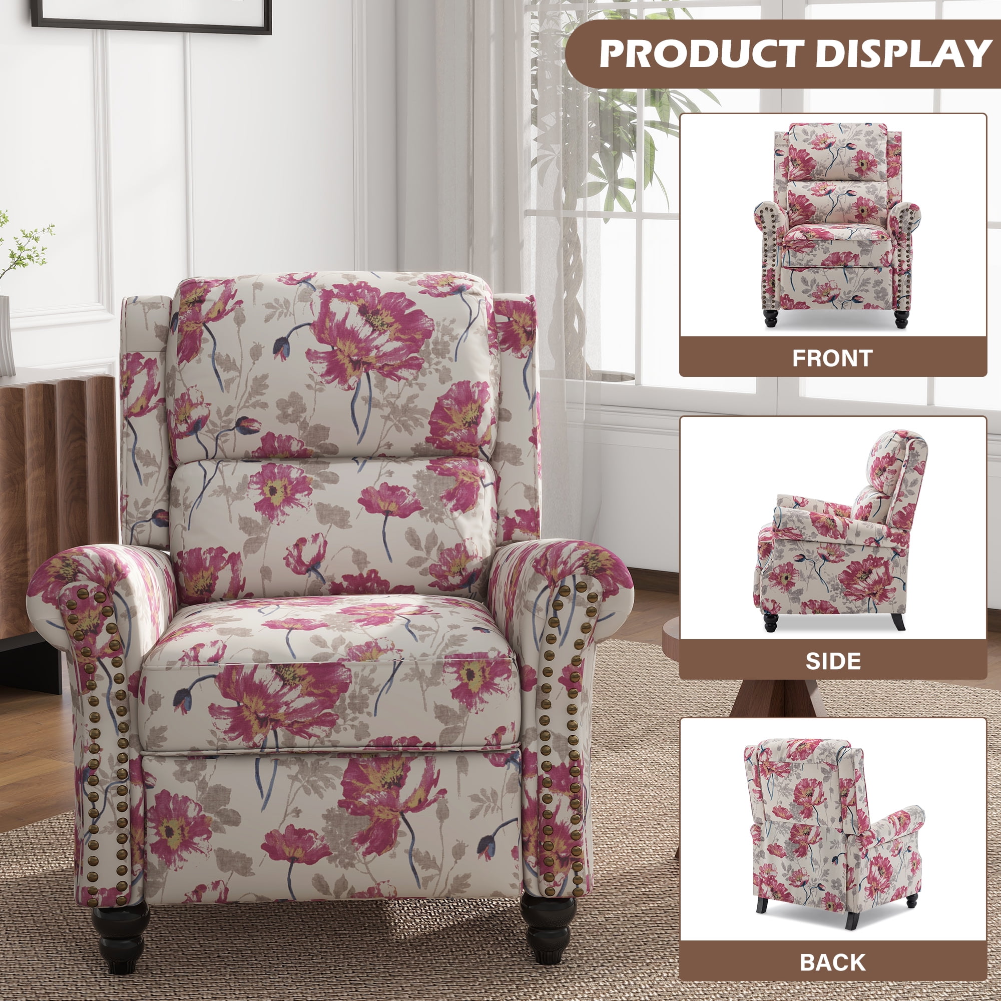 Manual Wingback Recliner Chair Upholstered Pushback Armchair Home Theater Single Sofa with Trim Wood Legs for Living Room, Flower