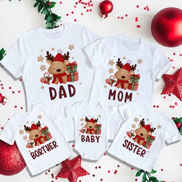 Estampado navideño de ciervos, ropa a juego para la familia, camiseta para madre e hija, camiseta para mamá, papá, niña y niño, look de fiesta, camiseta para bebé