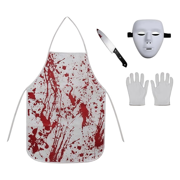 Halloween Butcher Apron Set with Printed Apron Mask Gloves Prop Knife for Horror Costume Party Adult Outfit Dress Up