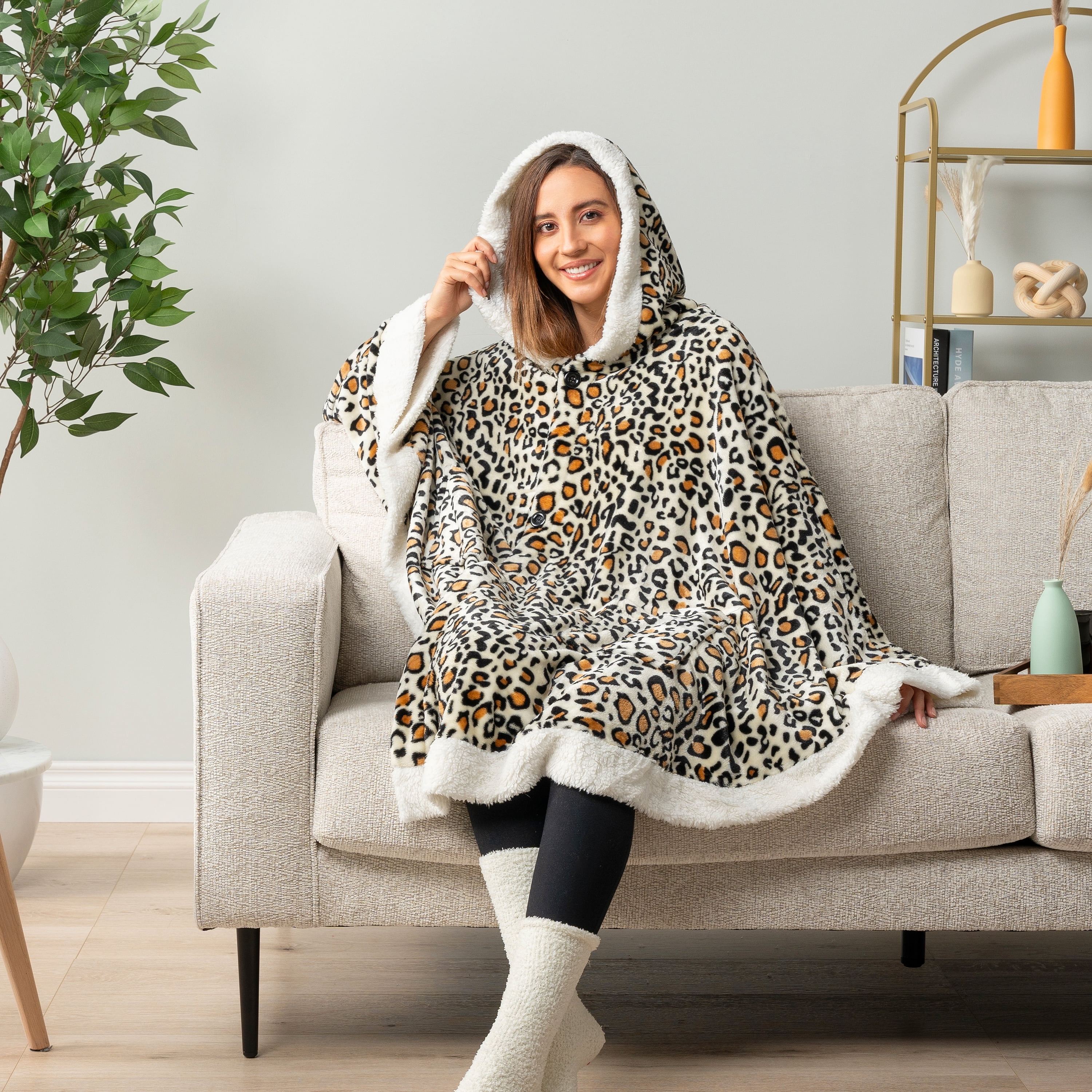 PAVILIA Sherpa Fleece Wearable Blanket for Adult Women, Cozy Plush Blanket Poncho Cape with Hood, Super Soft Shawl, Angel Wrap Throw for Office, Cheetah Yellow