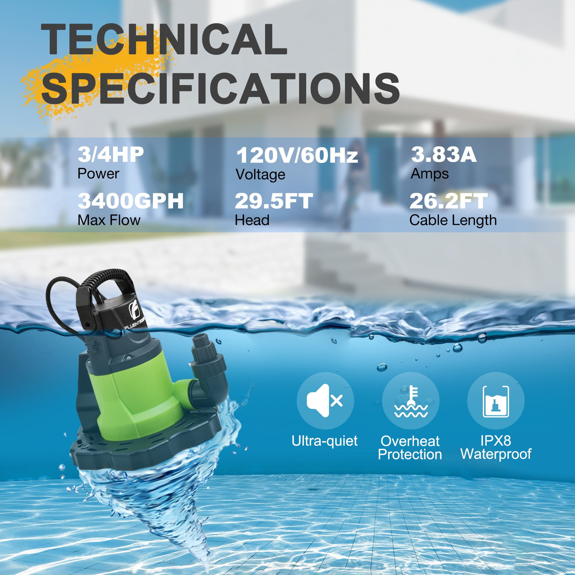FLUENTPOWER Automatic Pool Cover Pump, 3/4HP 3400GPH Submersible Above Ground Water Removal Pump with Check Valve Adapter