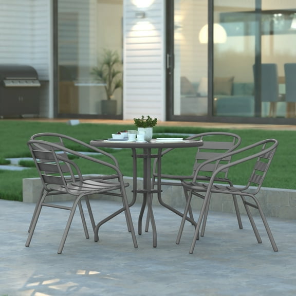 Emma Oliver 31.5'' Round Glass Top Metal Table with 4 Slat Stack Chairs, Silver