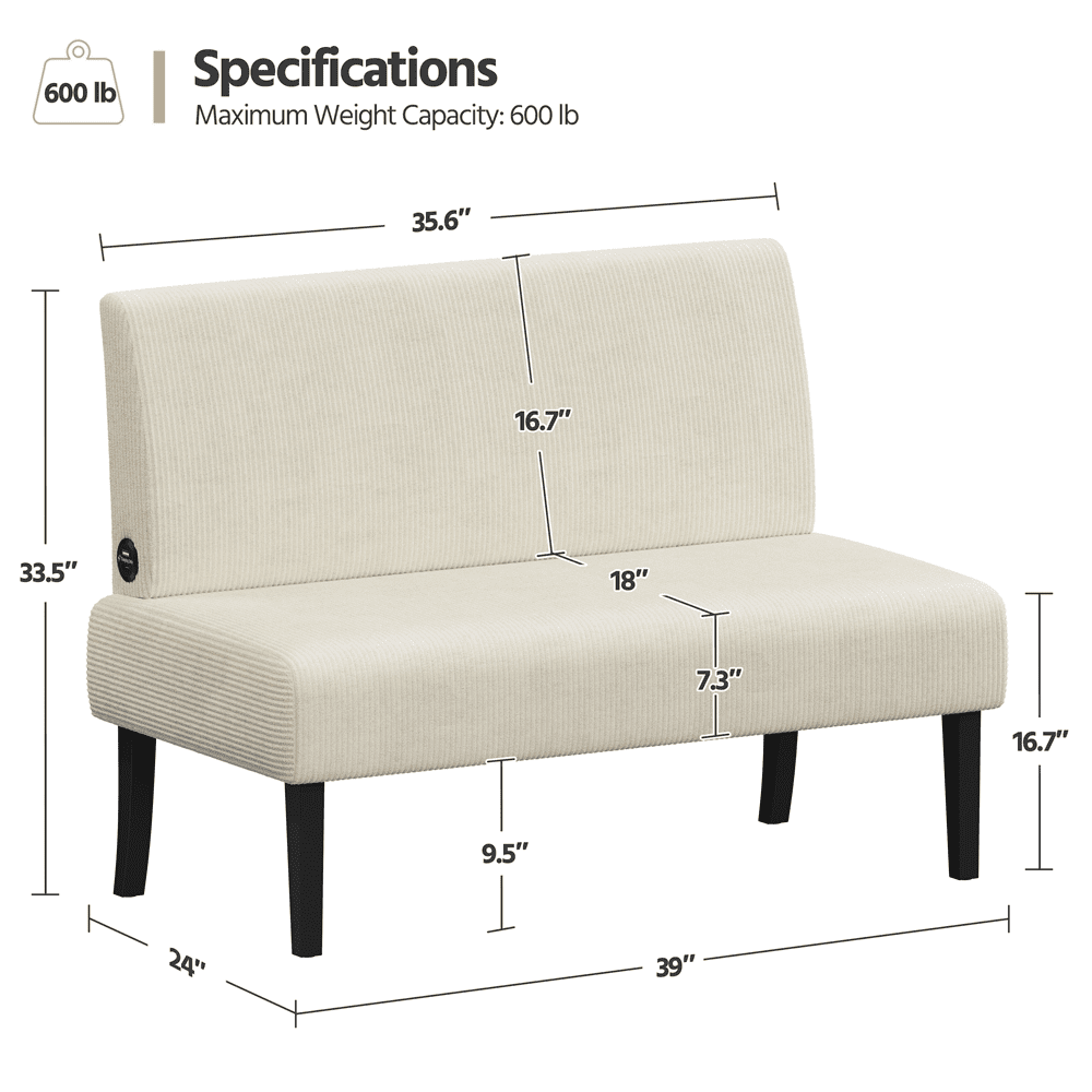 Yaheetech Corduroy Armless Loveseat with Strong Rubberwood Legs & USB Ports, Beige