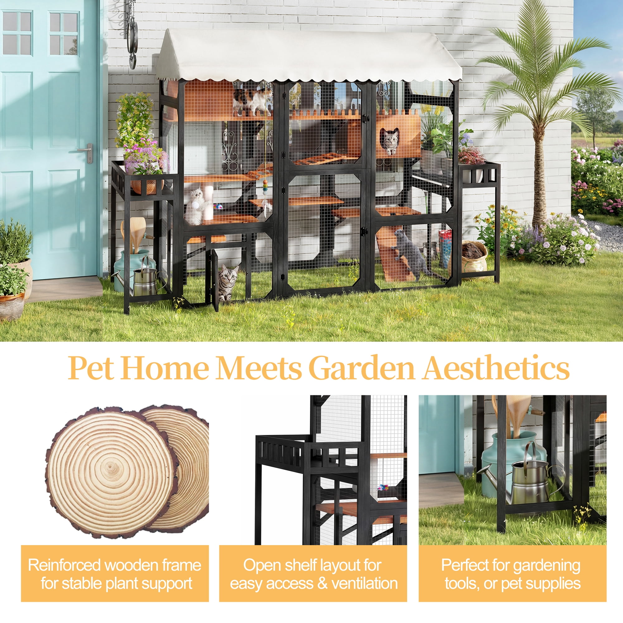Large Outdoor Cat Enclosure Wooden Catio with 2 Plant Stands, Multi-Level Cat Playpen with Weather-Resistant Roof, Resting Box, Climbing Ramps & Wire Mesh for Backyard Patio, Black