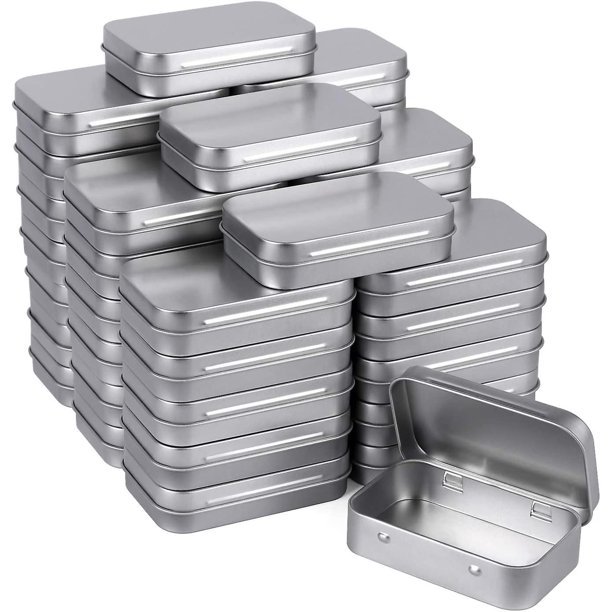 Latas vacías rectangulares de metal con bisagras - Paquete de 40 mini contenedores plateados portátiles Kit de almacenamiento pequeño y organizador para el hogar Latas pequeñas con tapas Craft Co