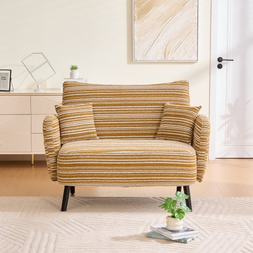 Modern Two-Seater Boucle Sofa, Small Loveseat with Storage Pockets and Armrest Pillows, Compact Deep-Seated Couch for Apartment Living Room Office, Mustard Yellow