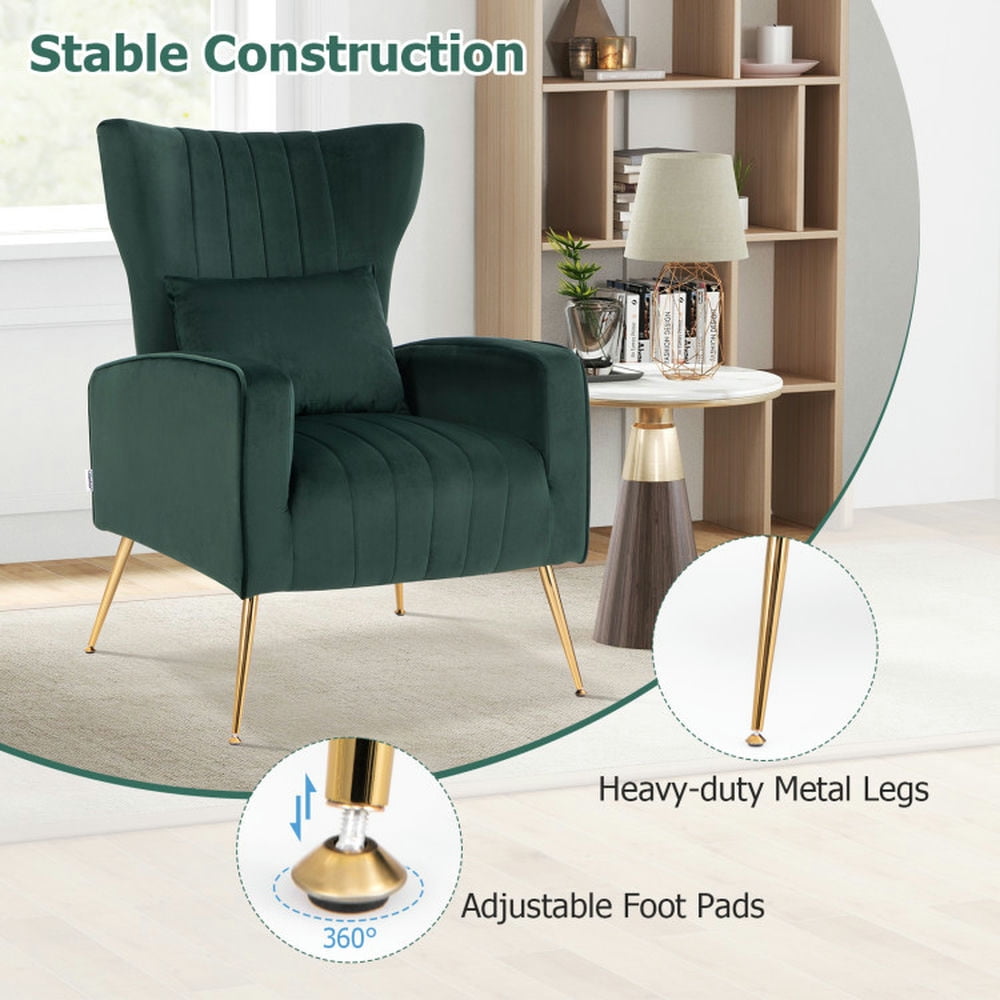 Finihen Accent Chair, Wingback Accent Armchair, Modern Accent Chair, Velvet Upholstered Wingback Chair with Lumbar Pillow and Golden Metal Legs, for Living Room, Bedroom, Turquoise Finihen Accent Chair, Wingback Accent Armchair, Modern Accent Chair, Velvet Upholstered Wingback Chair with Lumbar Pillow and Golden Metal Legs, for Living Room, Bedroom, Turquoise