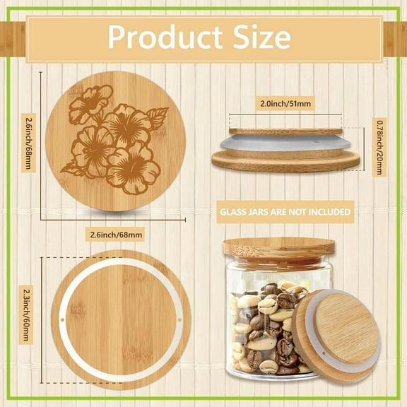 Yogurt Jar Bamboo Wood Lids Fit 2" Flower Sunflower Rose Canning Reusable Natural 6Pc Bottle Round Flat Covers Set for Food Storage Wooden Decorative Caps with Airtight Sealing Silicone Rings