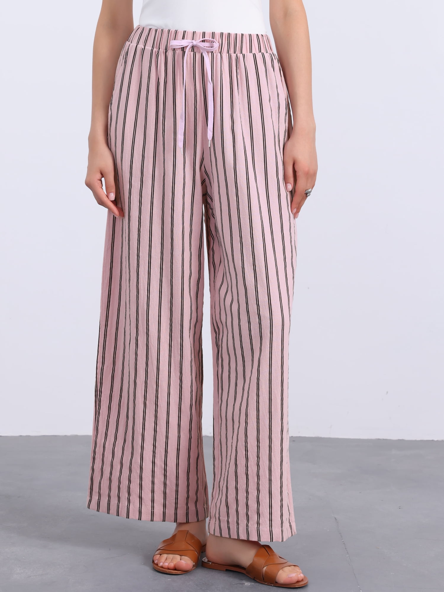 DARING DIVA Women's Stripe Casual Drawstring Wide Leg High Waist Pants L Pink