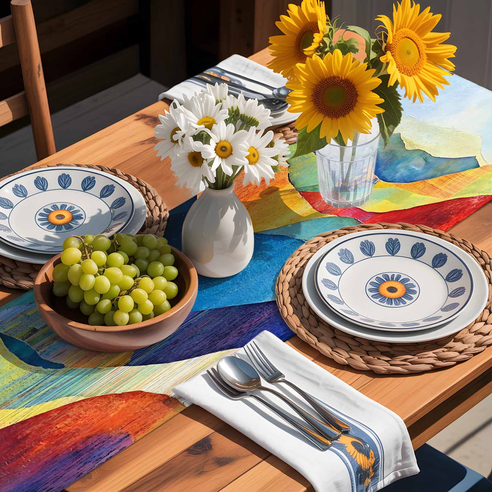 Coloful Mountain Watercolor Oil Painting Art Table Runner 90 Inches Long, Abstract Geometric Modern Table Runners Tabletop Scarf Kitchen Dining Tables Decoration for Home Party Indoor Outdoor