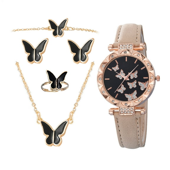 Kisronda Watches for Women 5 Pieces Butterfly Watch Set with Rings Necklace Waterproof Fashion Accessories for Female Travel Daily Casual Office Date Party Events superb