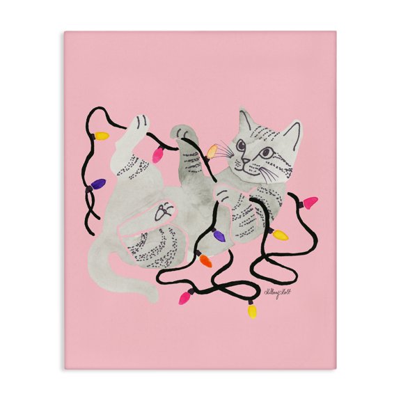 Stupell Industries Contemporary Cat With Christmas Lights Pink Canvas Art, 16 x 20, by Hillary Holt